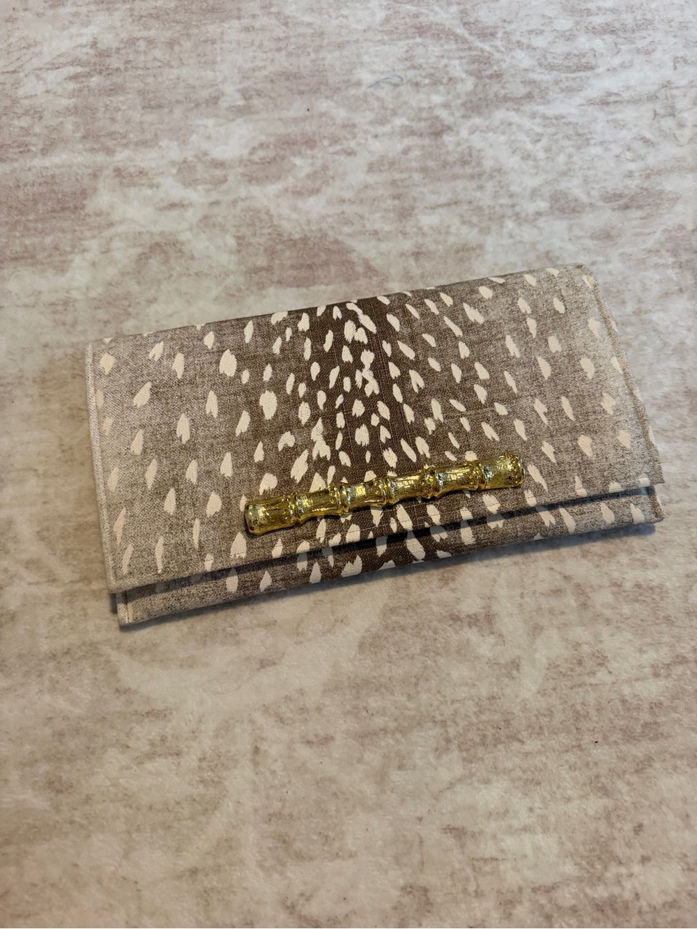 Feather-Print Trifold Wallet Clutch with Gold Accent - Taupe
